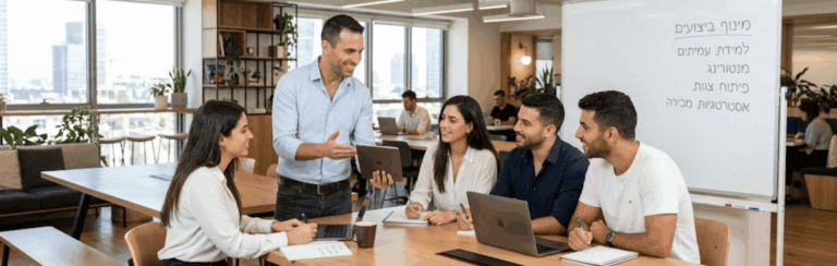 Team of four coworkers around a bright office table as a man stands and presents a tablet to them.