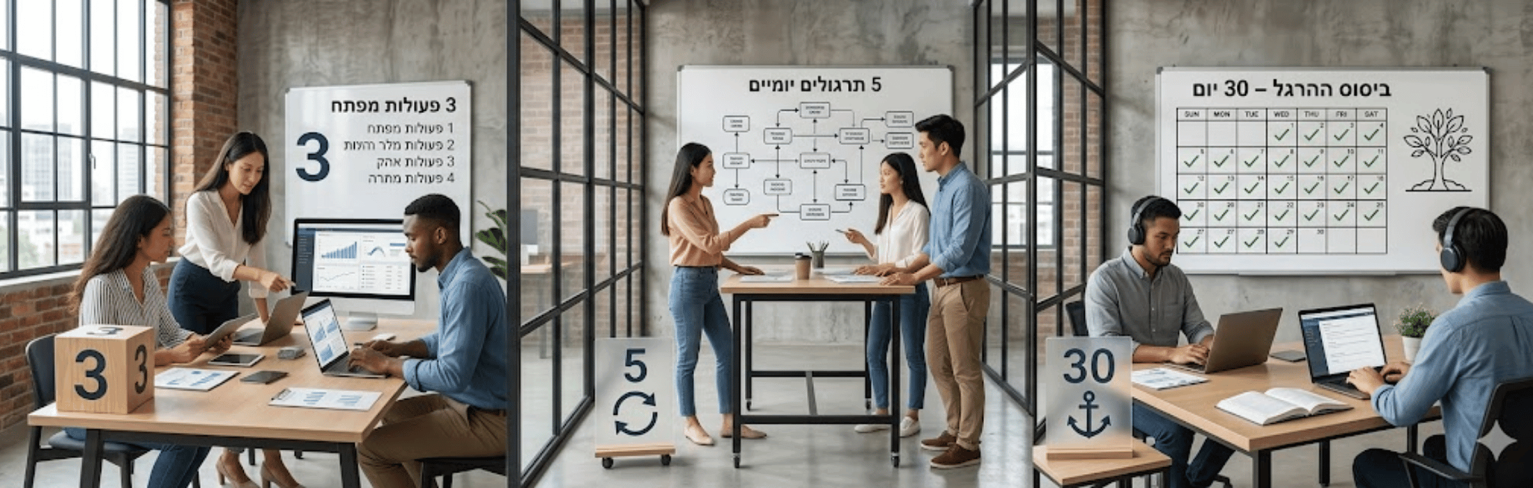 Open-plan office with three collaboration zones: charts at left, a flowchart discussion in the center, and a 30‑day calendar with checkmarks on the right.
