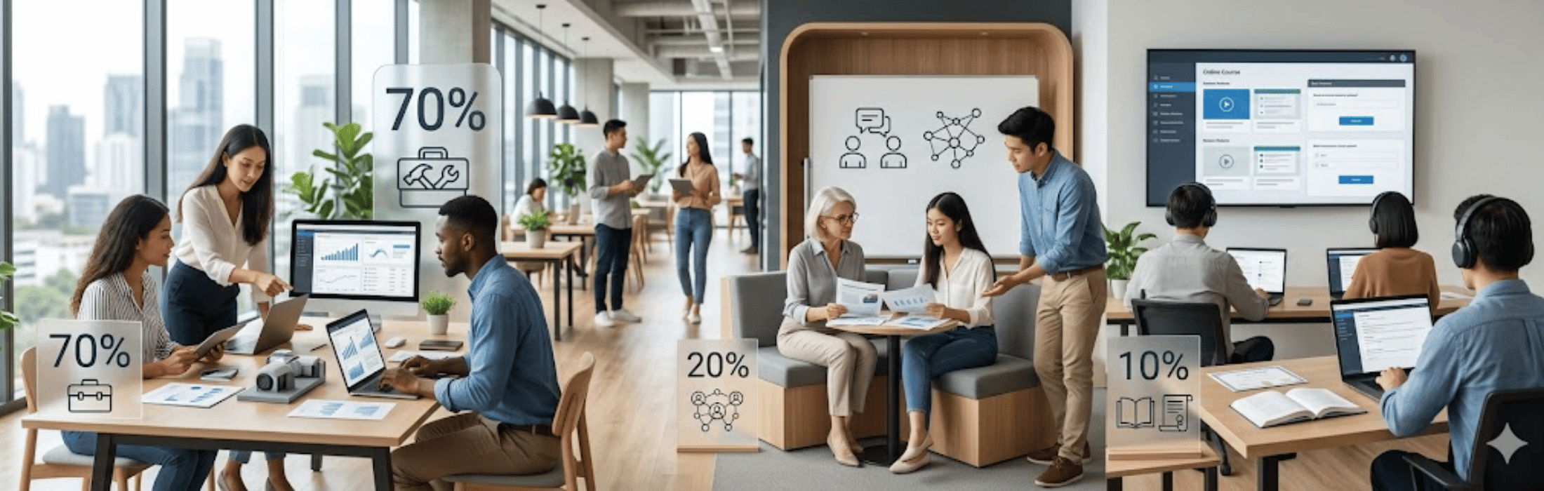 Open-office scene with diverse coworkers at desks; signs show 70%, 20%, and 10% distribution of resources or tasks.