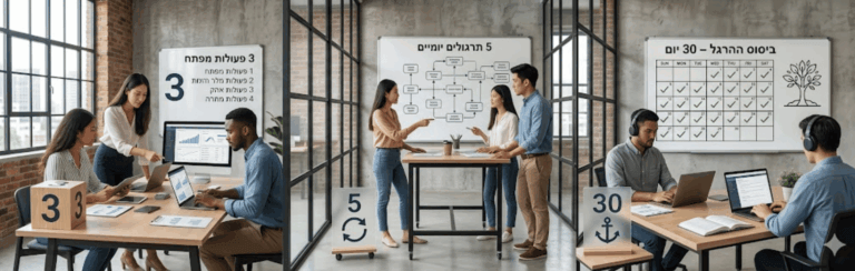 Open-plan office with three collaboration zones: charts at left, a flowchart discussion in the center, and a 30‑day calendar with checkmarks on the right.