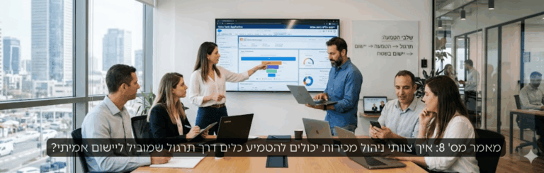 Group of professionals in a modern office around a conference table, presenter points to a large screen with charts; city skyline outside the windows. Hebrew overlay text about management teams and implementation is visible on bottom bar.