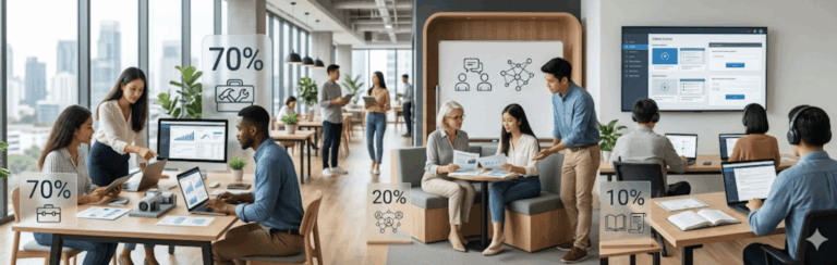 Open-office scene with diverse coworkers at desks; signs show 70%, 20%, and 10% distribution of resources or tasks.