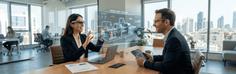 Two professionals in a modern glass-walled office discussing a holographic data display projected above the table.