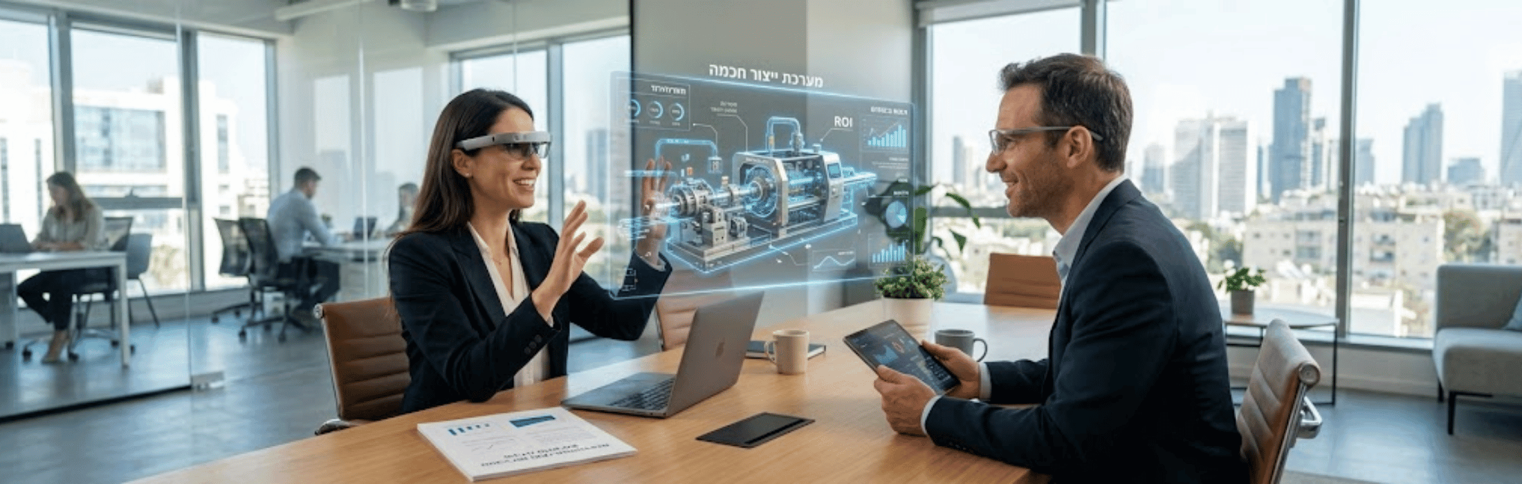 Two professionals in a modern glass-walled office discussing a holographic data display projected above the table.