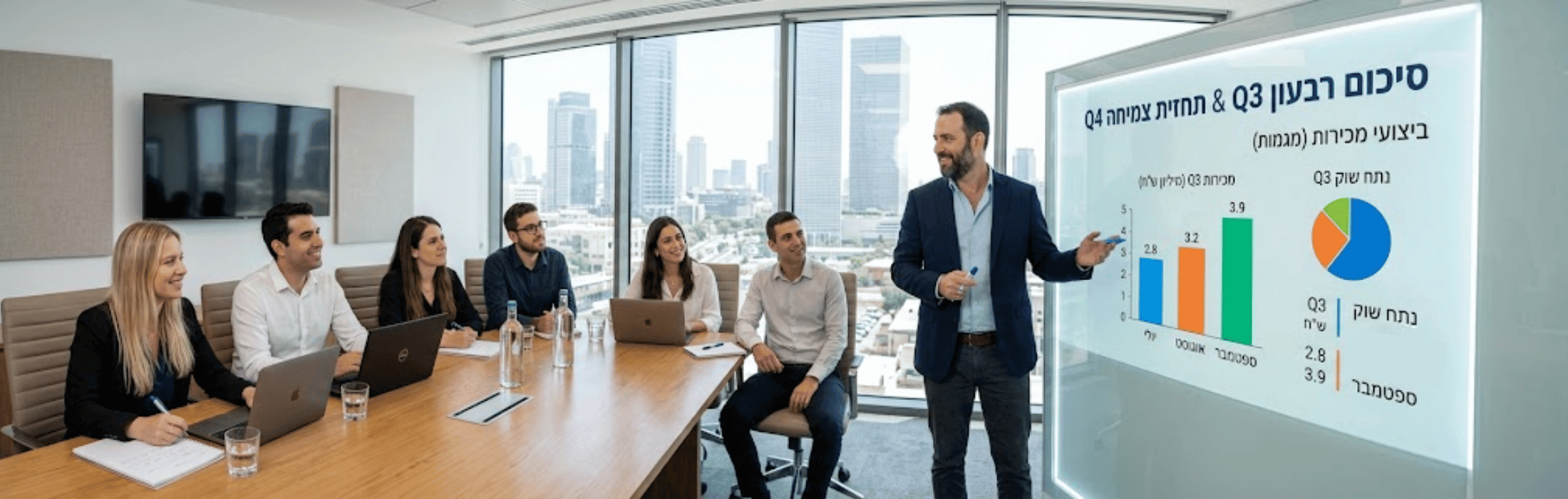 Business meeting: six colleagues in a glass-walled conference room, presenter pointing to a large screen with charts and a city skyline behind.