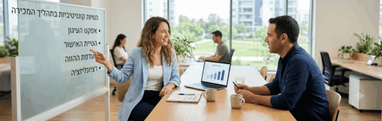 Two coworkers in a bright office sit at a long table; the woman points to Hebrew text on a glass whiteboard while a laptop shows a chart.