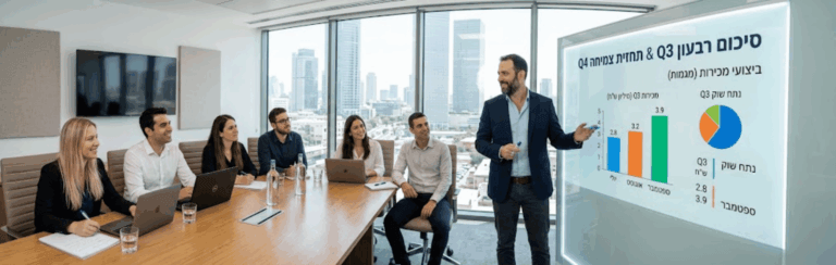Business meeting: six colleagues in a glass-walled conference room, presenter pointing to a large screen with charts and a city skyline behind.