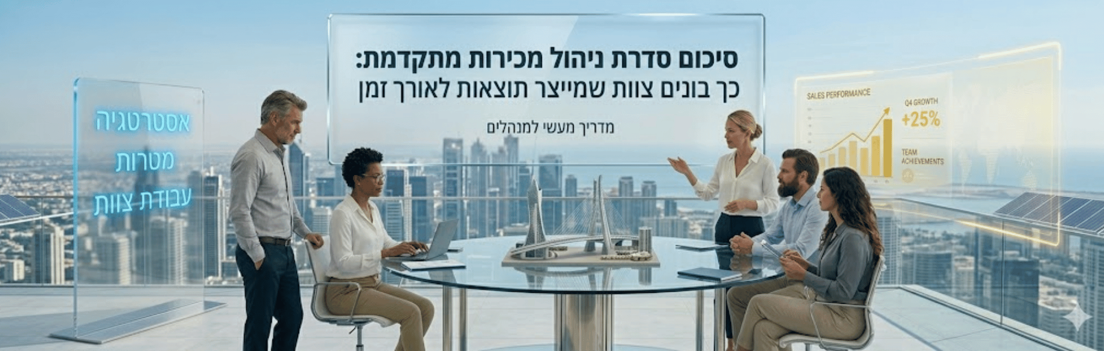 Business team in a glass-walled meeting room with holographic screens and city skyline, discussing strategy.