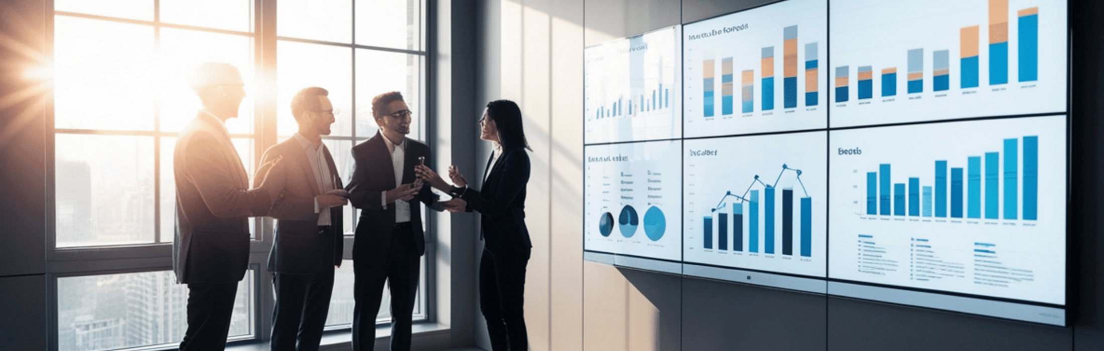 Four professionals in suits stand by a wall of large data dashboards in a bright conference room, discussing charts and graphs under daylight.
