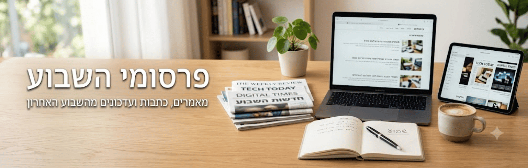 Desk setup with a laptop, tablet showing a news site, stacked newspapers, an open notebook with a pen, a cup of coffee, a potted plant, and a small book on a wooden table.