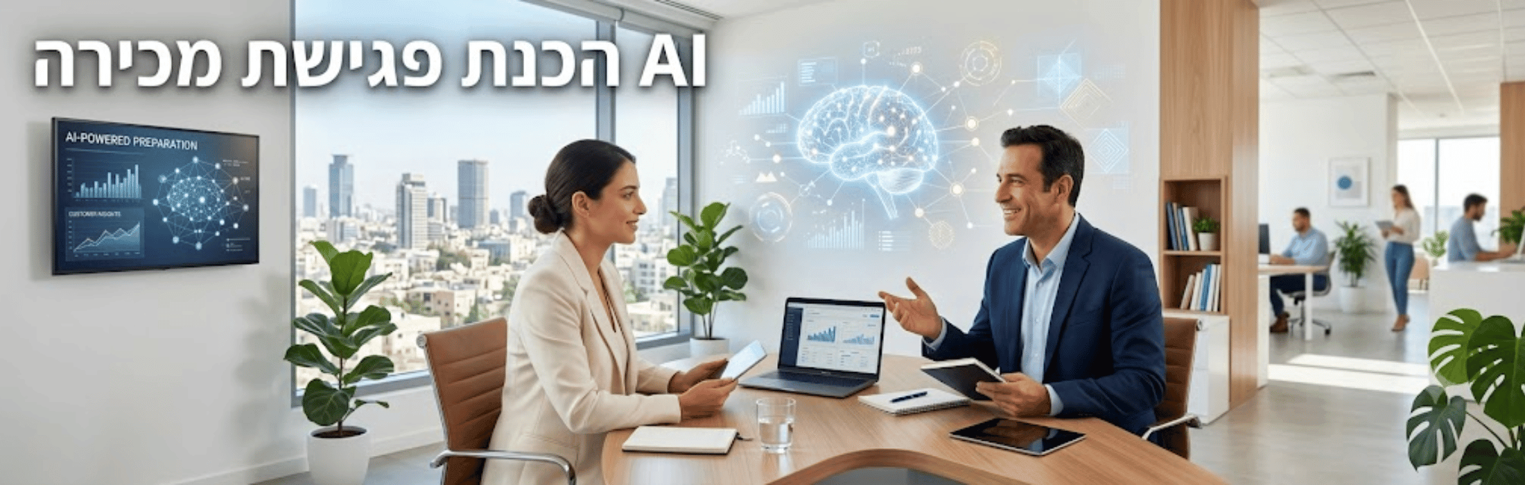 Two professionals in a bright modern office discuss a report at a round conference table, with a laptop displaying charts and holographic AI graphics in the background.