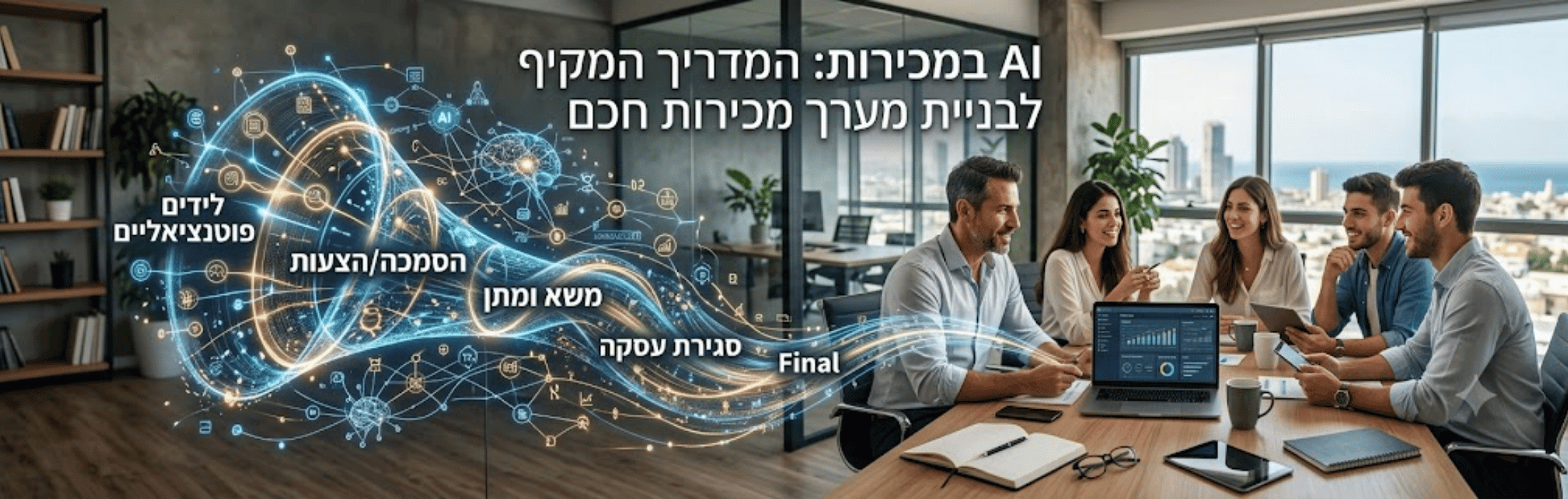 AI מכירות - sales pro - sales pro Five coworkers sit around a wooden table in a modern office, with a glowing AI network graphic and Hebrew text on a banner to the left.