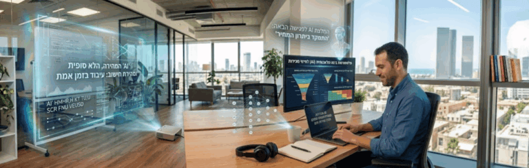 Man at a desk typing on a laptop as holographic data projections float in a bright, open-office space.