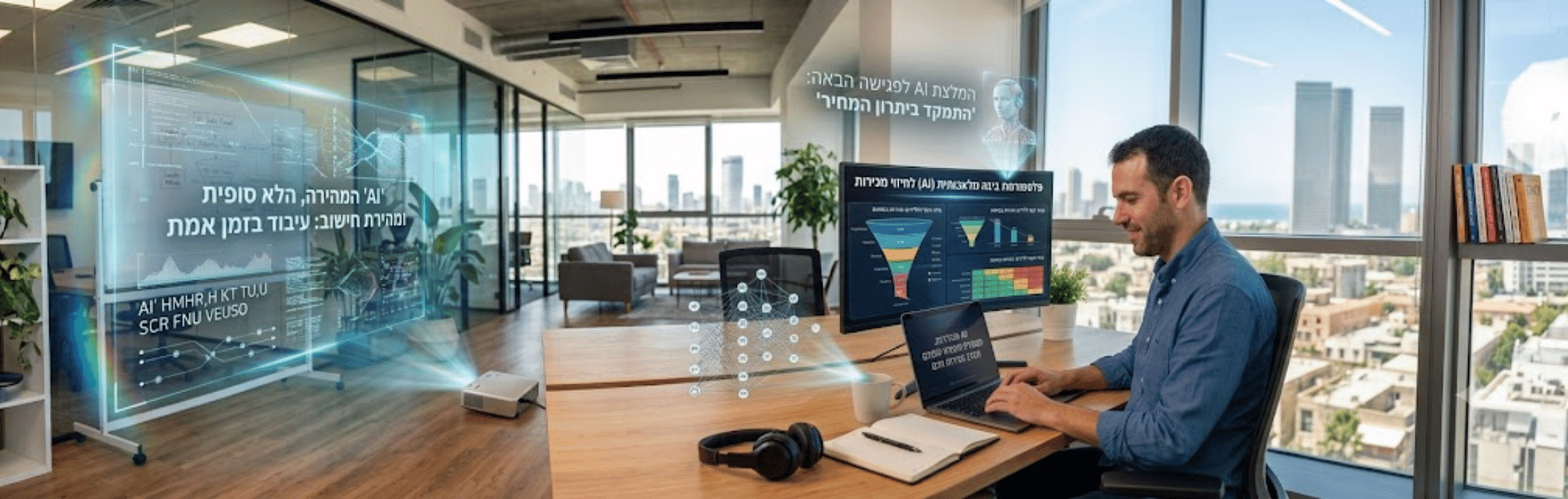 Man at a desk typing on a laptop as holographic data projections float in a bright, open-office space.