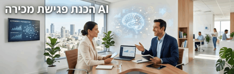 Two professionals in a bright modern office discuss a report at a round conference table, with a laptop displaying charts and holographic AI graphics in the background.
