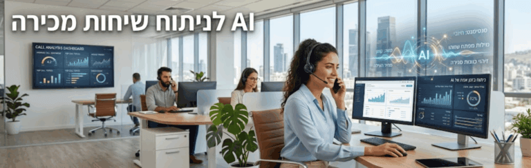 Customer support agent with headset at a desk, two monitors showing AI analytics in a bright open office setting.