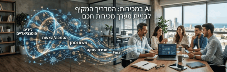 Five coworkers sit around a wooden table in a modern office, with a glowing AI network graphic and Hebrew text on a banner to the left.