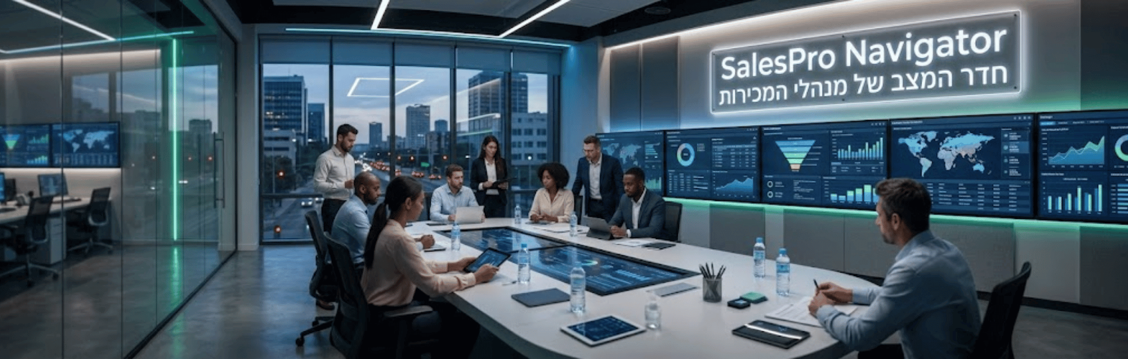 Business team in a high-tech conference room, reviewing charts on wall-mounted screens and a glowing SalesPro Navigator sign.