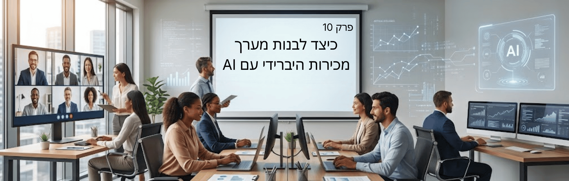 Team in a modern office conference room watching a presentation on a large screen displaying Hebrew text; a video-call grid appears on a wall monitor while colleagues work on laptops, with AI data visuals projected around.