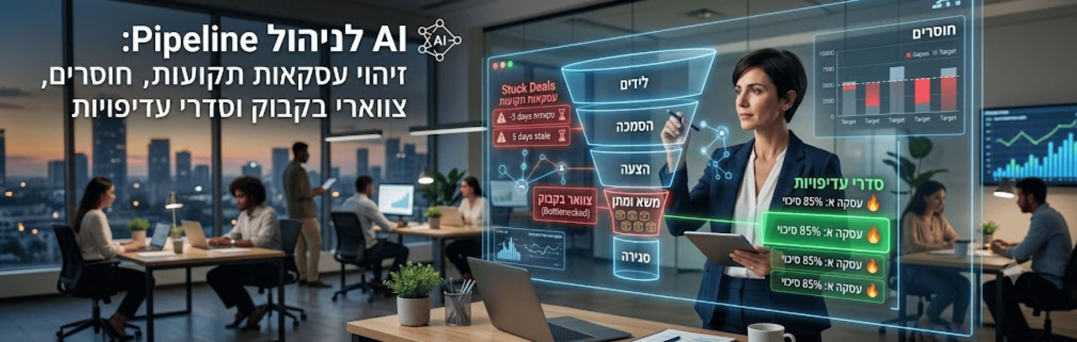 Office scene with professionals at desks; a holographic AI pipeline diagram overlays the room.