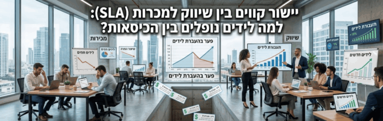 Open-plan office with teams presenting data charts on screens and boards; large Hebrew headlines dominate the walls.