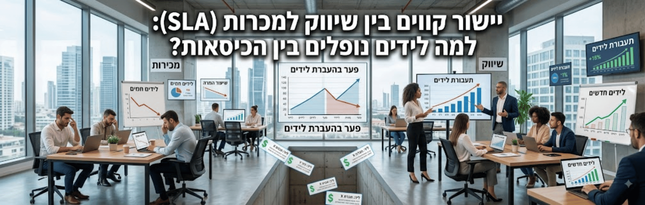 Open-plan office with teams presenting data charts on screens and boards; large Hebrew headlines dominate the walls.