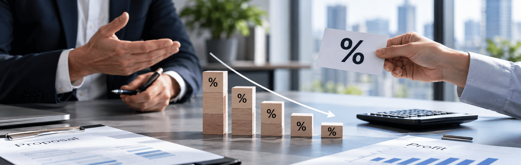 Office scene showing a declining percentage chart made of wooden blocks; a hand holds a card with a percent sign above the blocks, with financial documents on the desk.