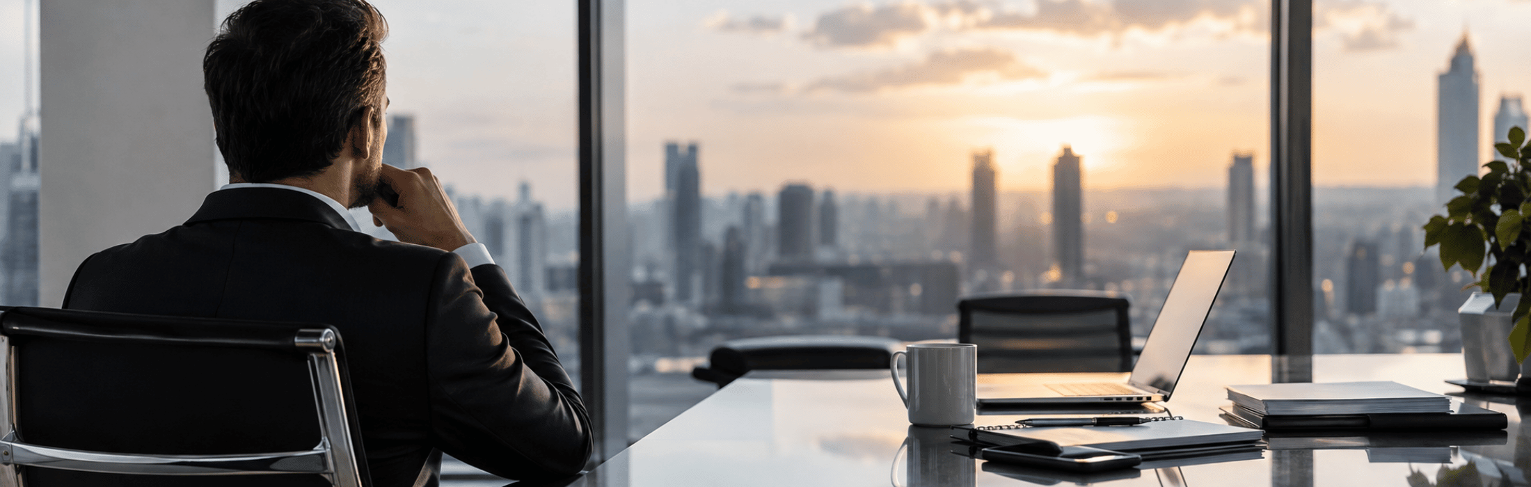 Back view of a man in a dark suit at a glass desk, overlooking a sunset city skyline through large office windows.