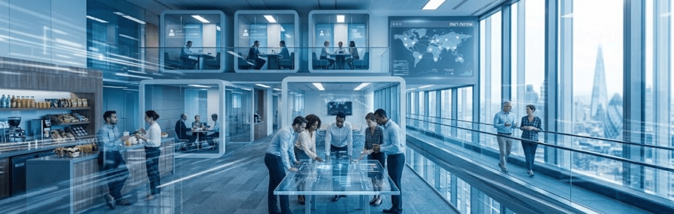 Team of professionals collaborates around a glass digital table in a high-tech, blue-toned office atrium.