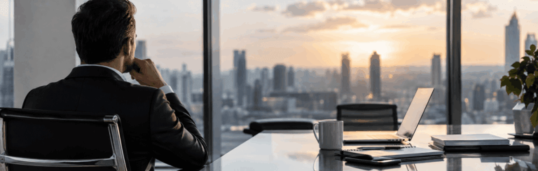 Back view of a man in a dark suit at a glass desk, overlooking a sunset city skyline through large office windows.